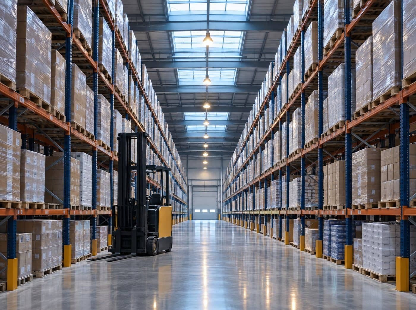 Distribution warehouse aisle with pallet racking and a forklift