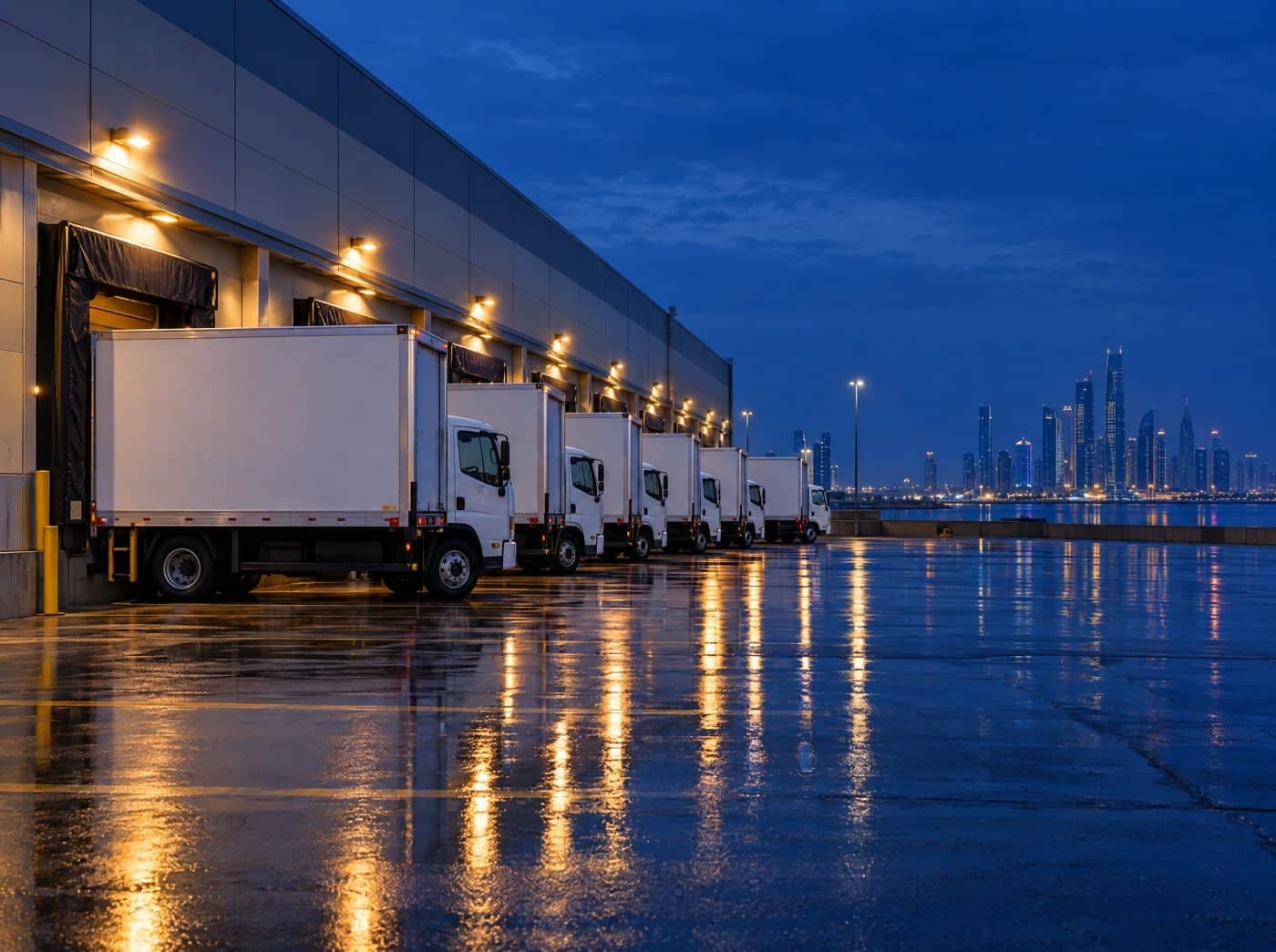 Delivery trucks at a loading dock at dusk