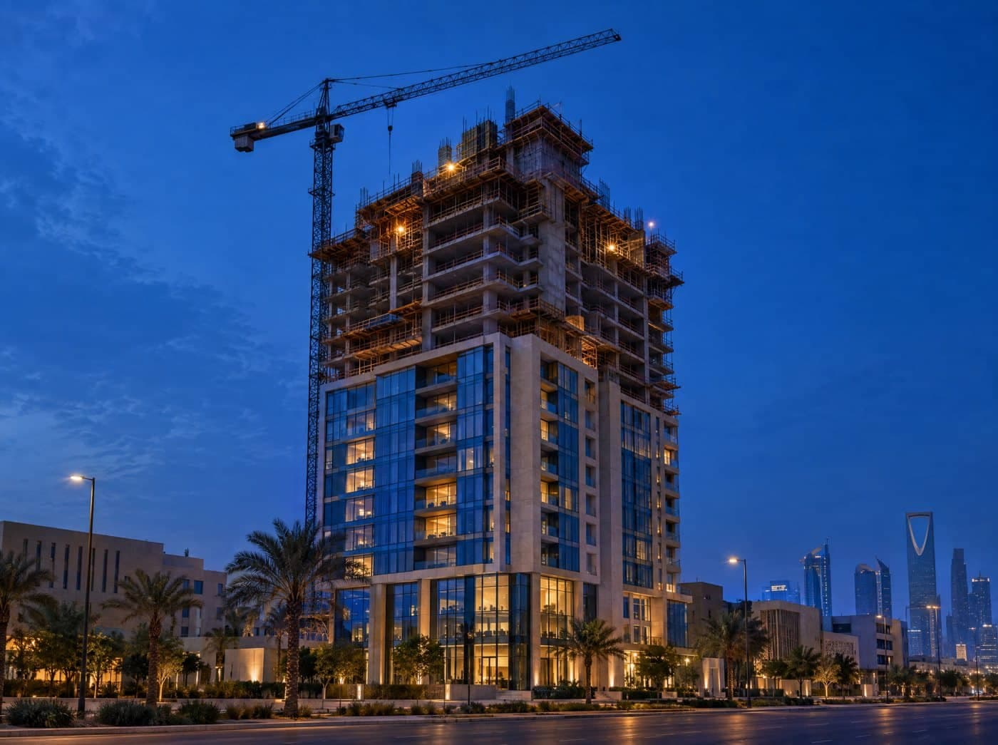 Residential tower under construction in Riyadh at dusk