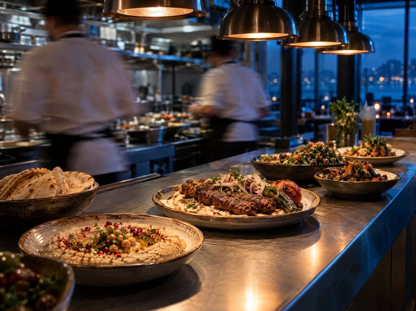 Restaurant kitchen pass with plated dishes under heat lamps