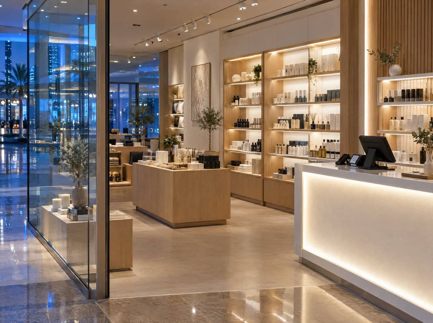 Modern retail store with a glowing checkout counter